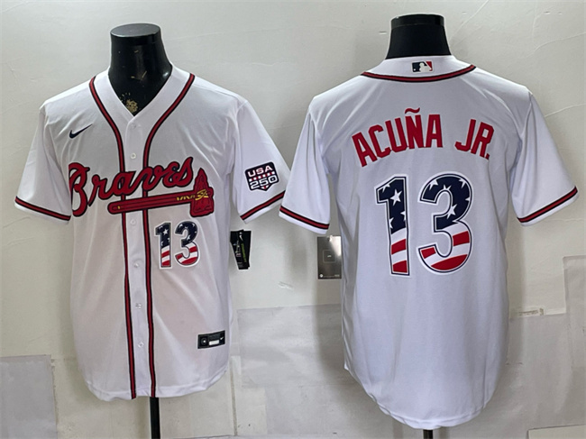 Men's Atlanta Braves #13 Ronald Acuña Jr. White USA 250 Fourth of July Home Stadium Stitched Baseball Jersey